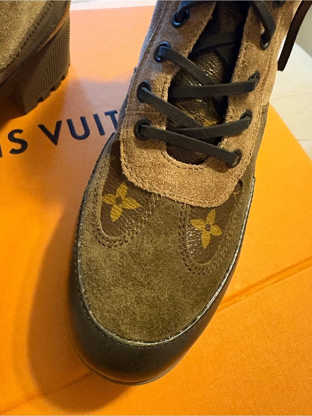 Louis Vuitton Authentic Monogram Leather Lace-Up Combat Boots Size 5.5 (36)